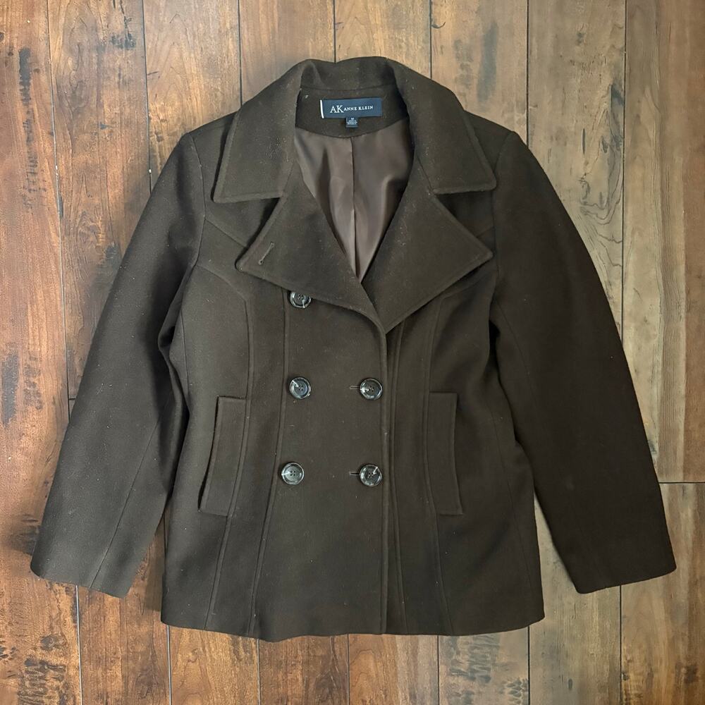 Vintage Anne Klein Wool Peacoat Womens M Brown 90s Casual Outerwear Jacket